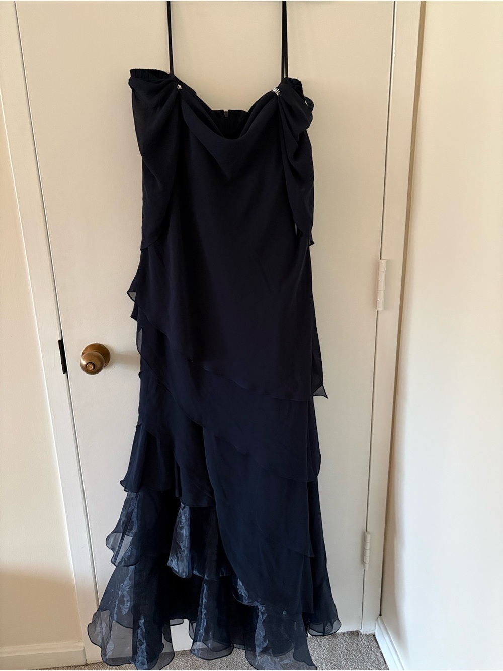 Obsessions Couture Navy Strapless Tiered Chiffon Gown size 16